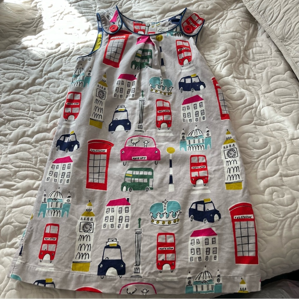 Mini Boden White Dress with Red, Navy, Pink, Green and Yellow City Print